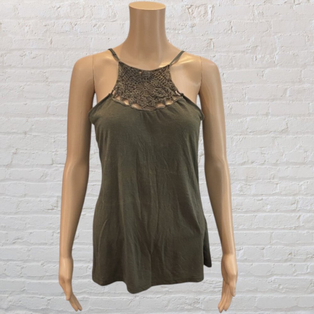 MOSSIMO -- Tank Top with Macrame -Type Front Panel, Brown, Spaghetti Straps
